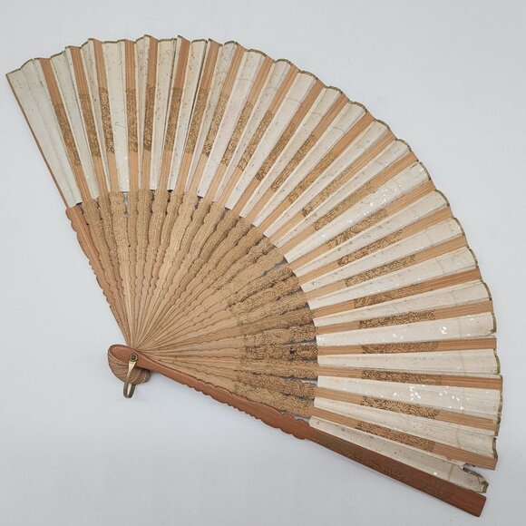 Antique Hand Painted Folding Hand Fan Elegant Ladies Design Wooden Ribs Wall Art - Picture 9 of 11